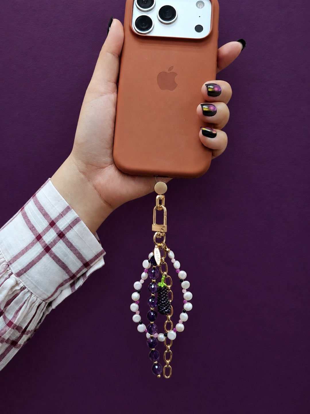 Amethyst And Pearl Handcrafted Eggplant Charm Phone Strap / Bag Charm PC101