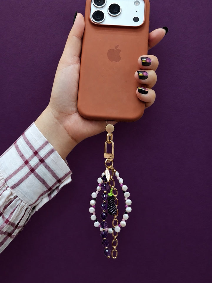 Amethyst And Pearl Handcrafted Eggplant Charm Phone Strap / Bag Charm PC101