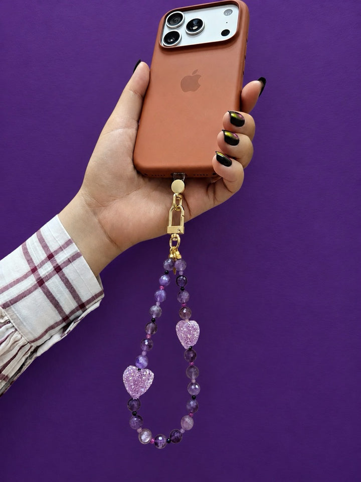 Amethyst Beaded Phone Strap with Sugar-Style Hearts PC136