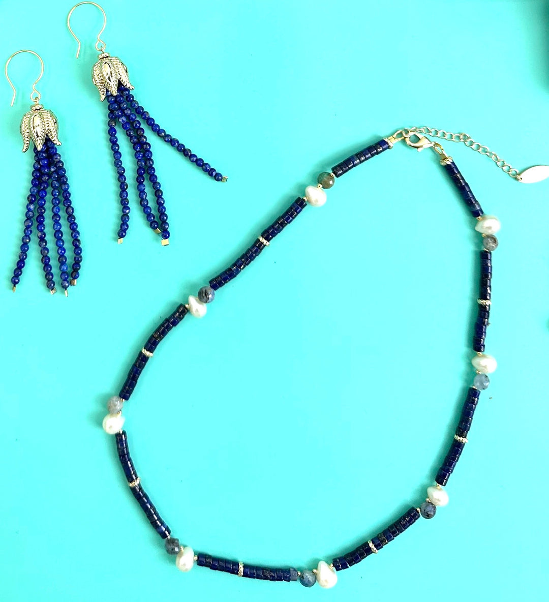 Lapis with Teardrop Pearls Dainty Necklace JN030 - FARRA