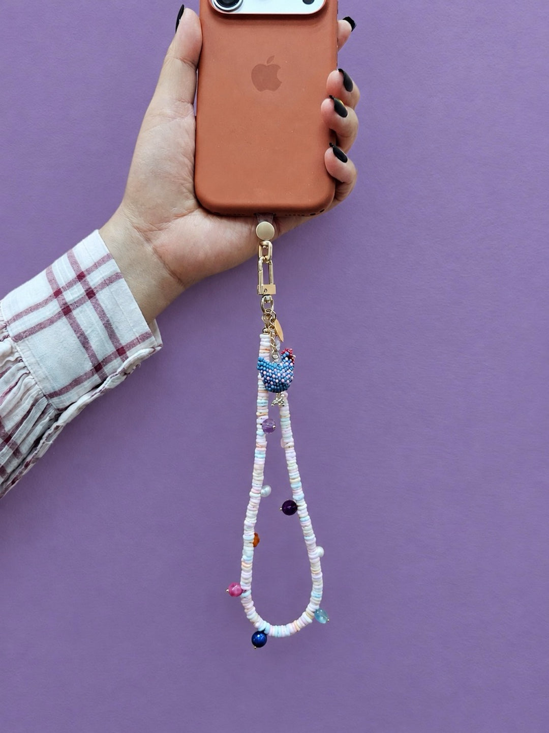 Pink Shell With Handcrafted Chicken Charm And Colorful Gemstone Phone Strap PC143