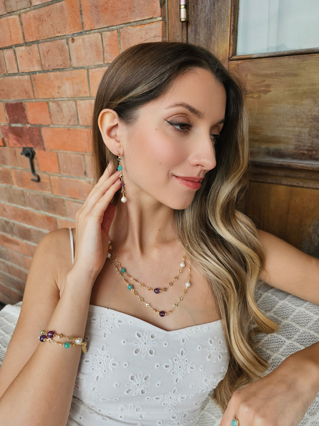 Multi-color Gemstone With Pearls Double Layers Chain Bracelet RB002