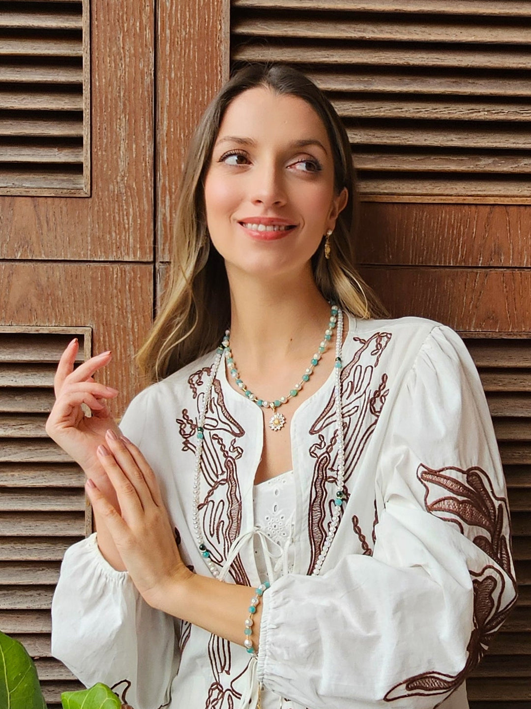 Freshwater Pearl & Green Amazonite Daisy Pendant Necklace RN004