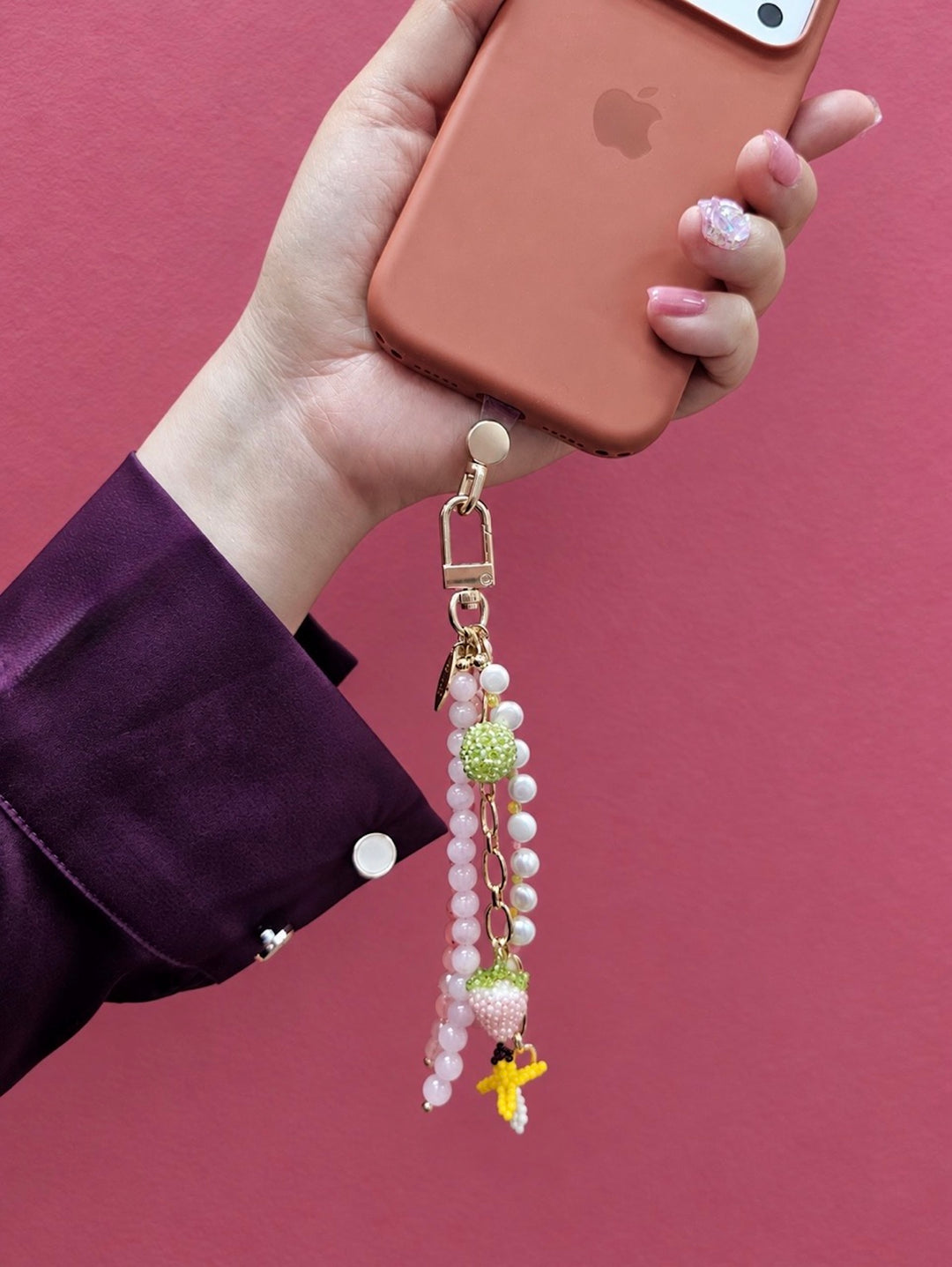Fruit Charm Pink Gemstone And Pearl Phone Strap / Bag Charm PC103