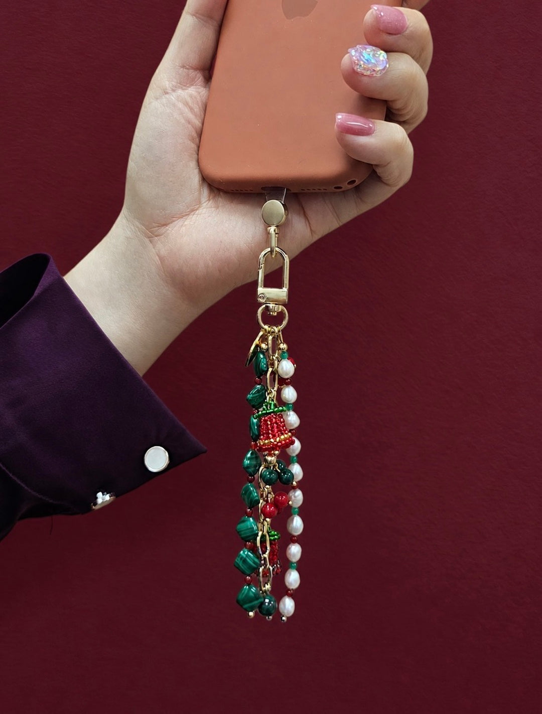 Christmas Bell Malachite And Bamboo Coral And Pearls Tassel Phone Strap / Bag Charm PC109