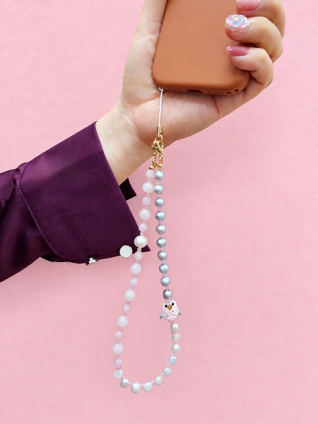 Handcrafted Bird Freshwater Pearl & Rose Quartz Phone Strap PC134