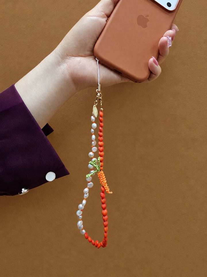 Bamboo Coral & Freshwater Pearl With Handcrafted Carrot Phone Strap PC141