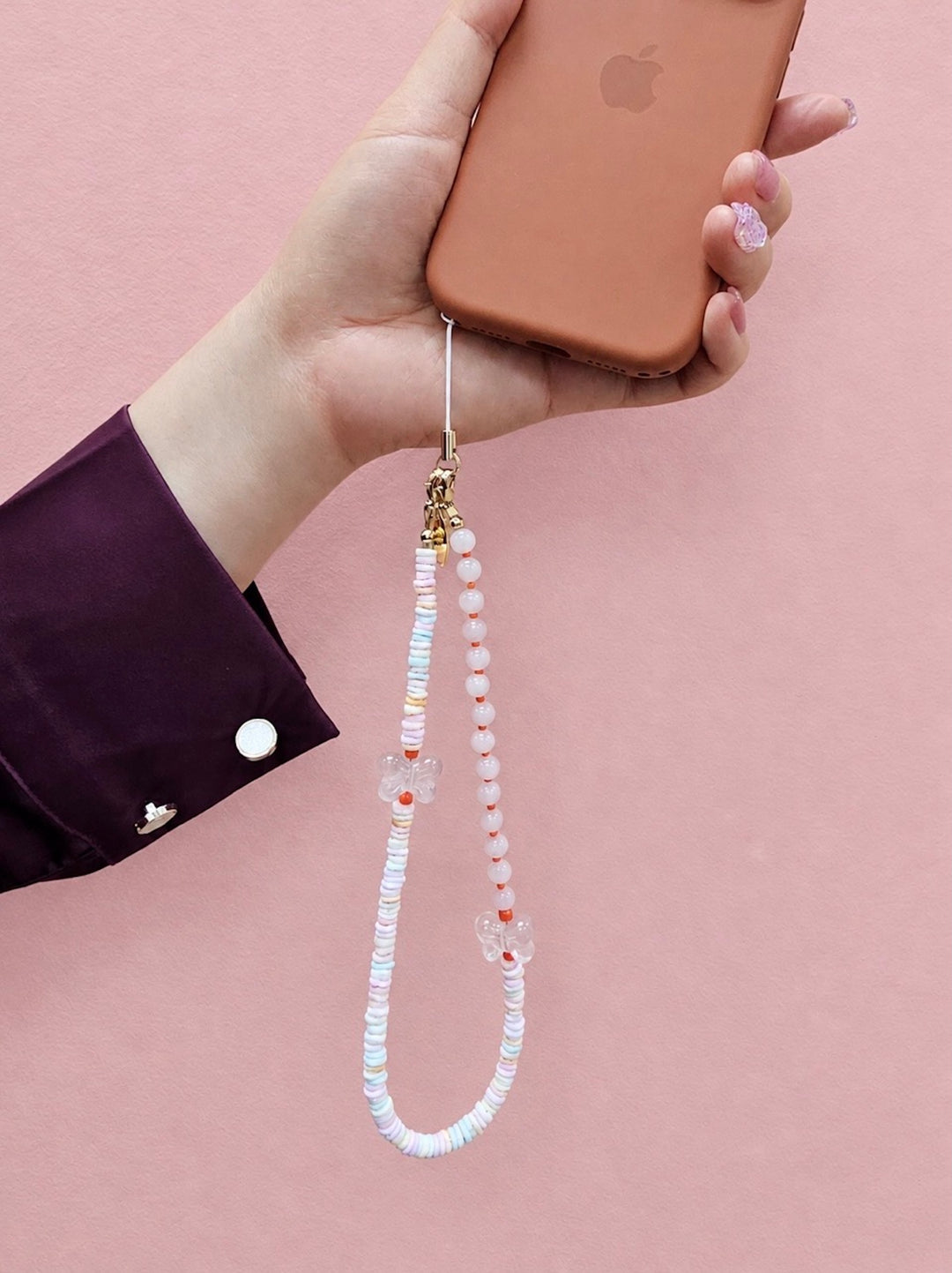 Butterfly Rose Quartz And Colorful Shell Phone Strap PC132