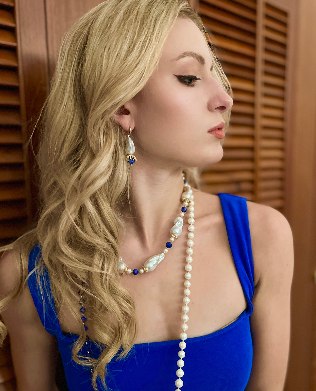 Baroque Pearl With Blue Aventurine Dangle Earrings HE004 - FARRA