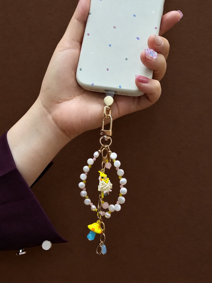 Bird & Mushroom Freshwater Pearls Tassel Phone Strap / Bag Charm PC107