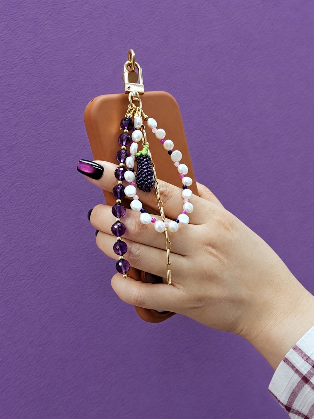 Amethyst And Pearl Handcrafted Eggplant Charm Phone Strap / Bag Charm PC101