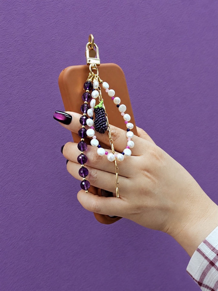 Amethyst And Pearl Handcrafted Eggplant Charm Phone Strap / Bag Charm PC101