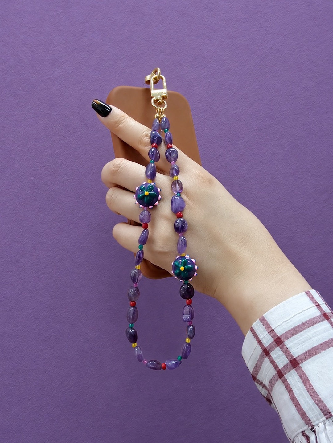 Natural Amethyst With Flower Charm Phone Strap PC130
