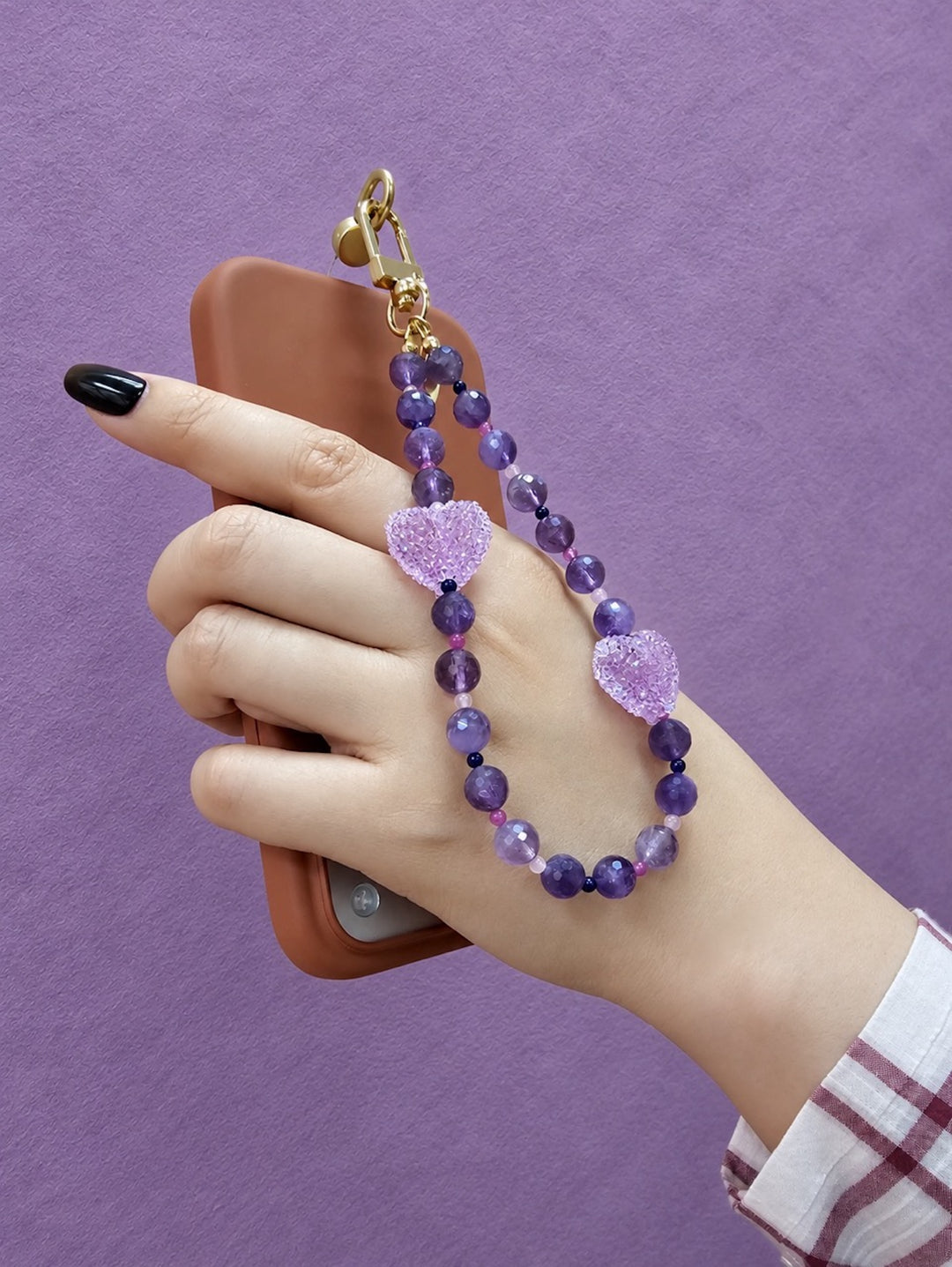 Amethyst Beaded Phone Strap with Sugar-Style Hearts PC136