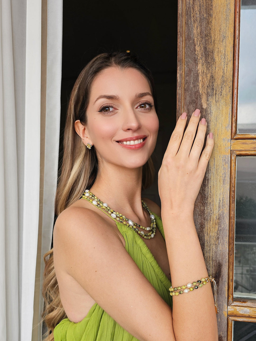 Green Gemstone With Pearls Multi-layers Necklace RN012