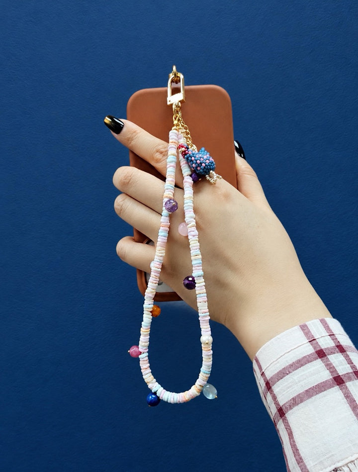Pink Shell With Handcrafted Chicken Charm And Colorful Gemstone Phone Strap PC143