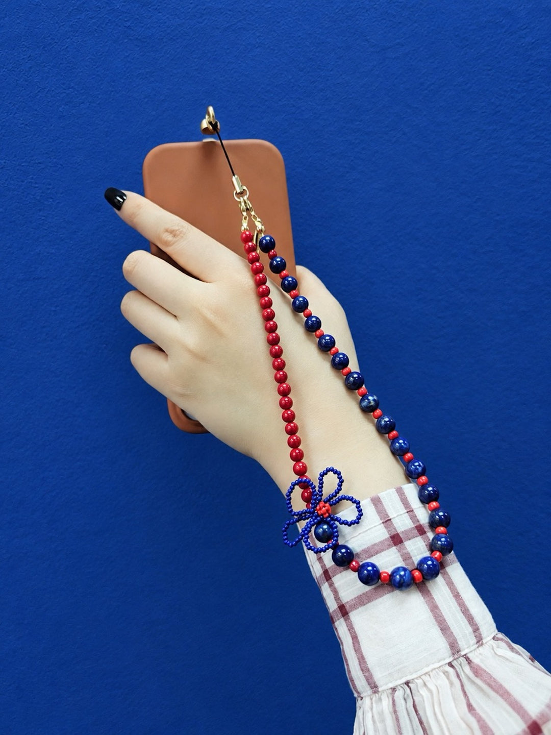 Blue Lapis Lazuli & Red Bamboo Coral With Crafted Flower Phone Strap PC139