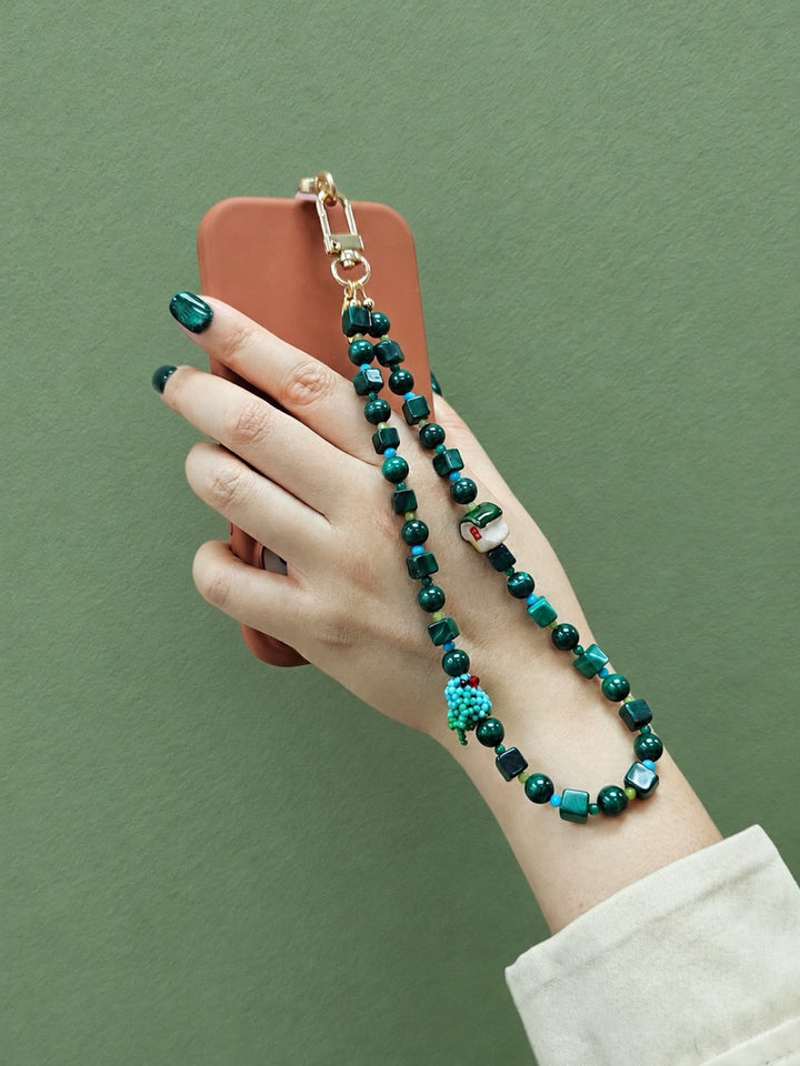 Bird & Ceramic House Natural Malachite Phone Strap PC131