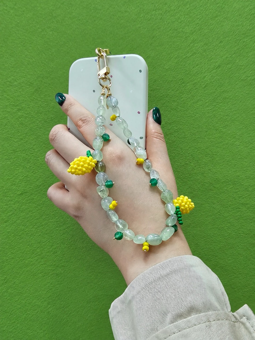 Handcrafted Lemon Charm With Natural Prehnite Phone Strap / Bag Charm PC129