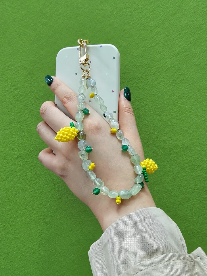 Handcrafted Lemon Charm With Natural Prehnite Phone Strap / Bag Charm PC129