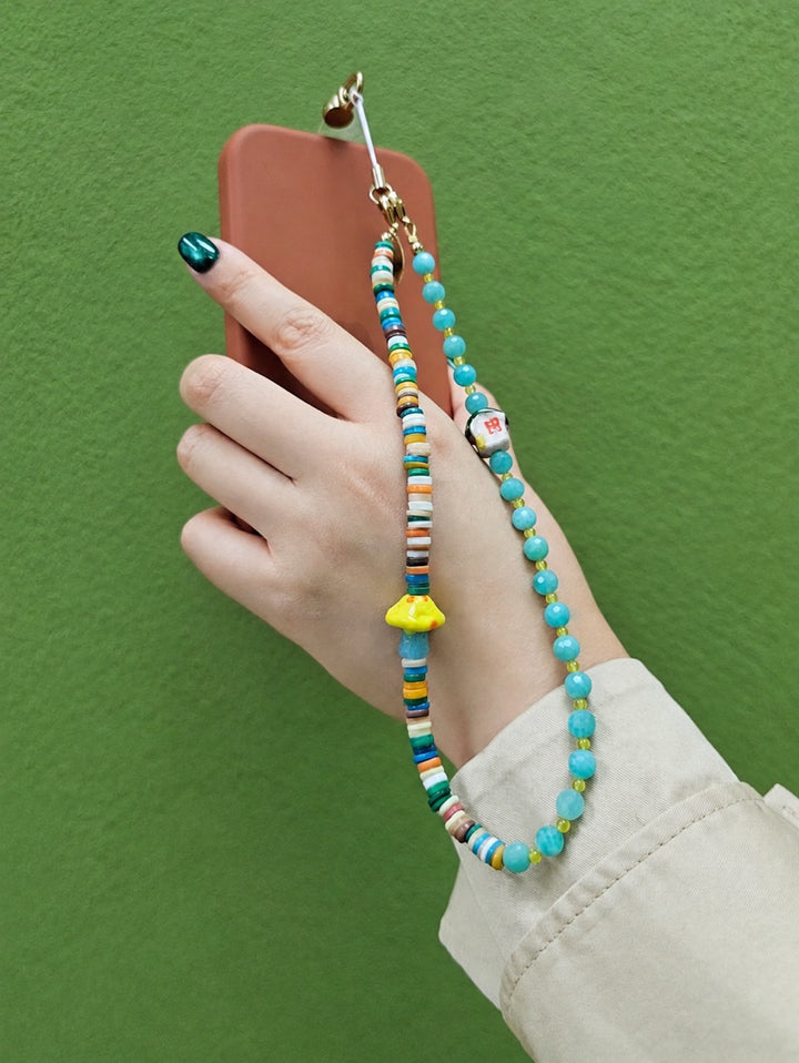 Amazonite Colorful Shell With Mushroom & Ceramic House Phone Strap PC135