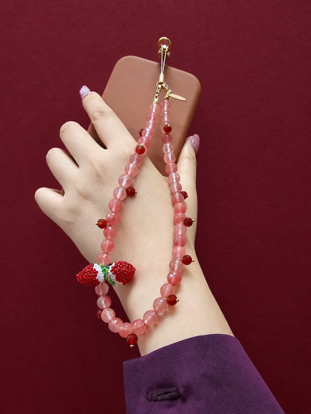 Handcrafted Strawberry Natural Watermelon Quartz Phone Strap PC133