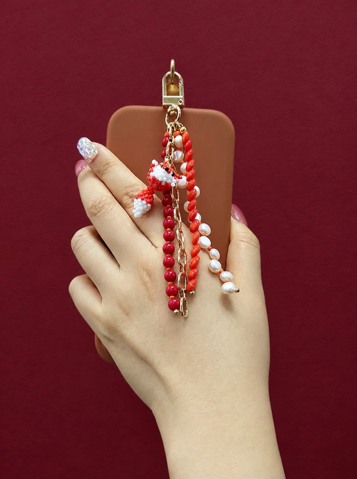 Fox Charm Bamboo Coral And Pearls Tassel Phone Strap / Bag Charm PC112