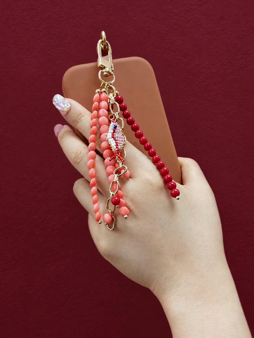 Fish Charm Pink & Red Bamboo Coral Phone Strap / Bag Charm PC102