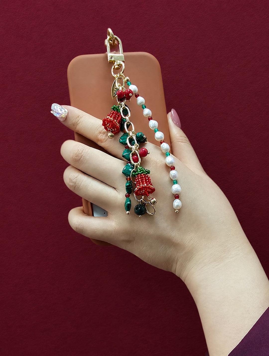 Christmas Bell Malachite And Bamboo Coral And Pearls Tassel Phone Strap / Bag Charm PC109