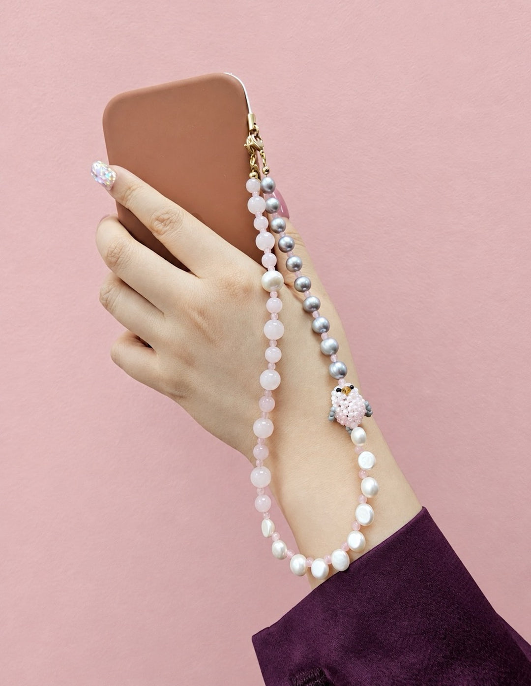 Handcrafted Bird Freshwater Pearl & Rose Quartz Phone Strap PC134