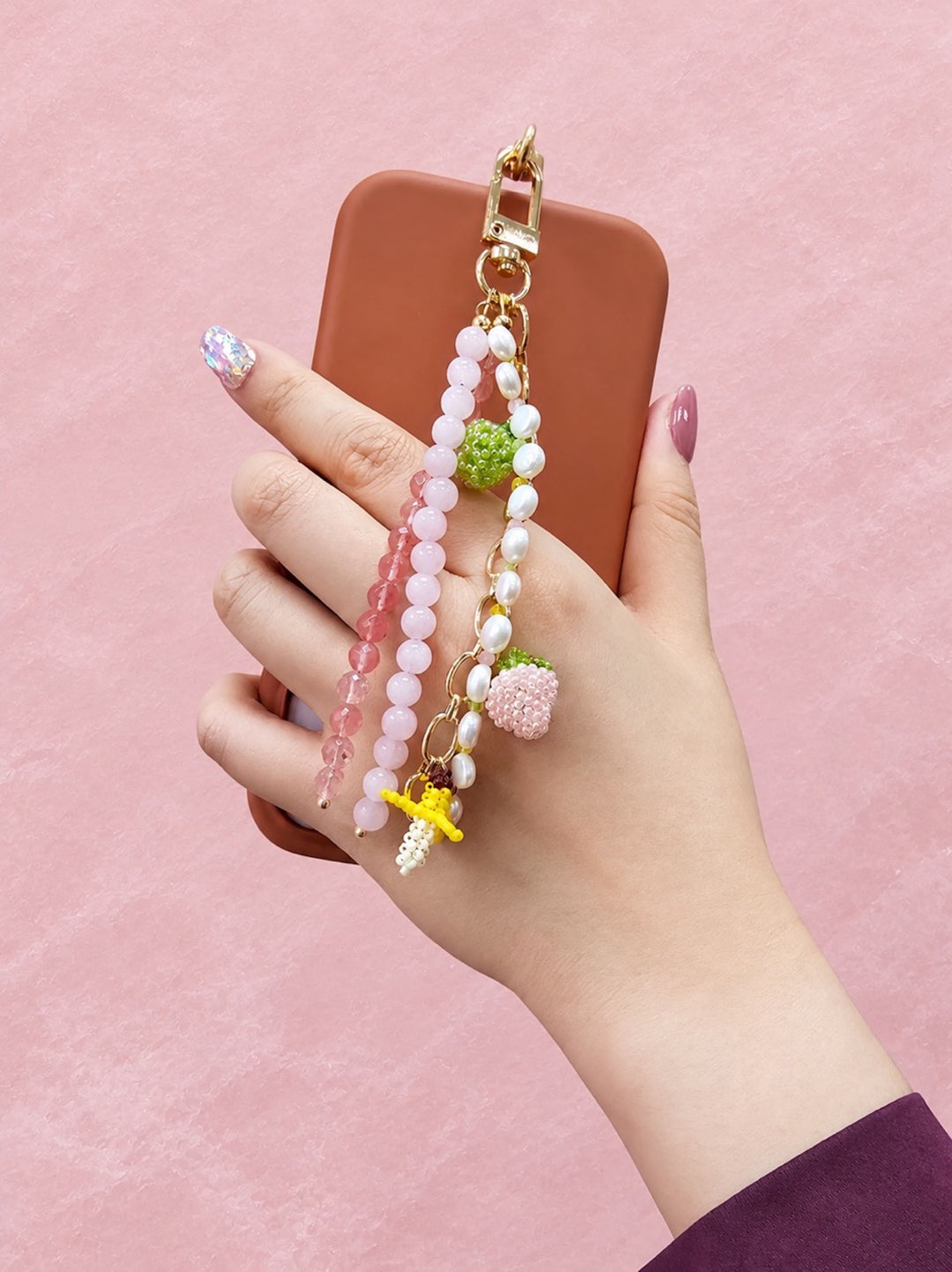 Fruit Charm Pink Gemstone And Pearl Phone Strap / Bag Charm PC103