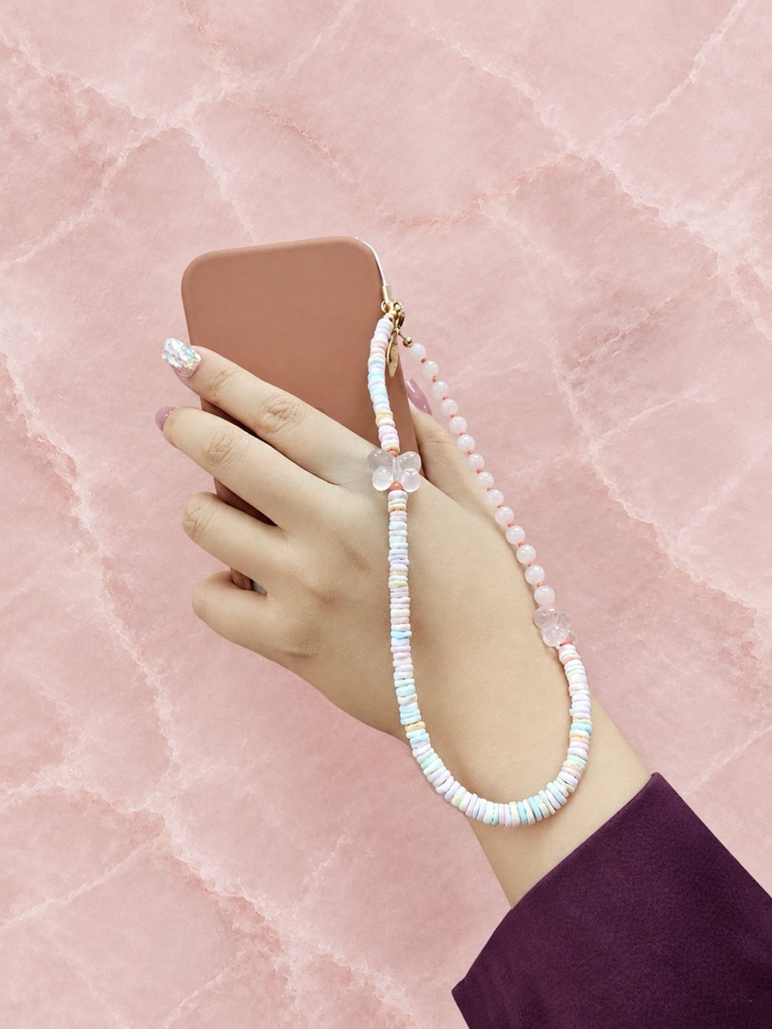 Butterfly Rose Quartz And Colorful Shell Phone Strap PC132