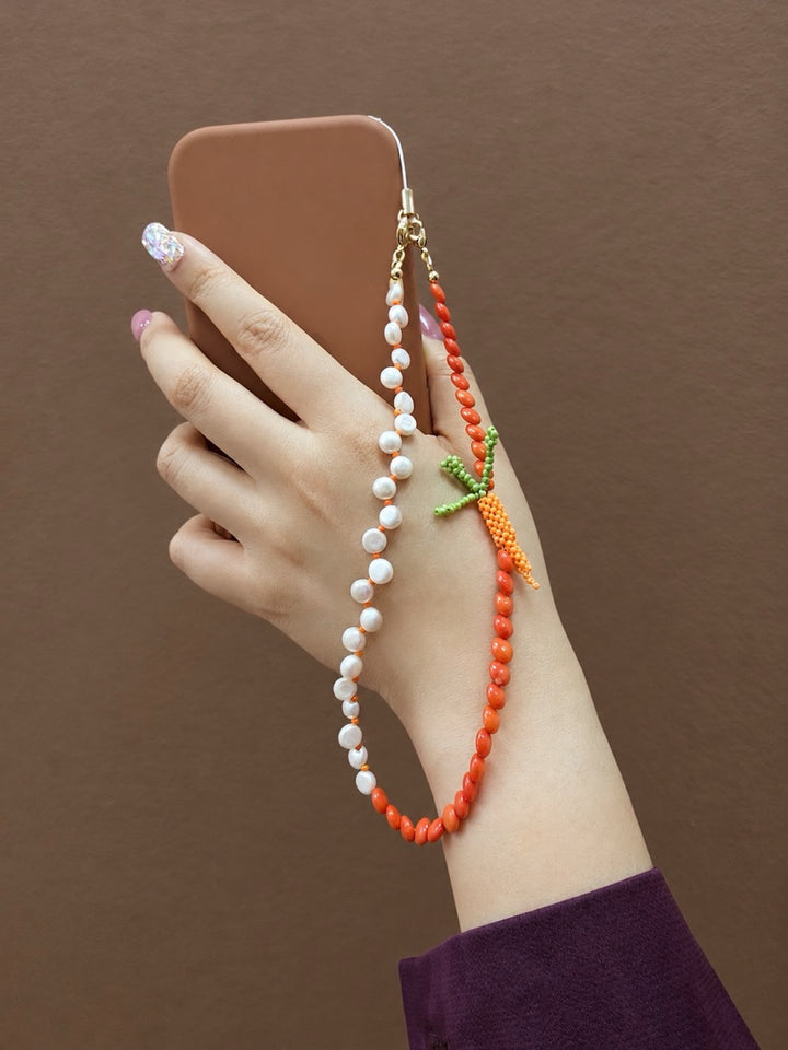 Bamboo Coral & Freshwater Pearl With Handcrafted Carrot Phone Strap PC141
