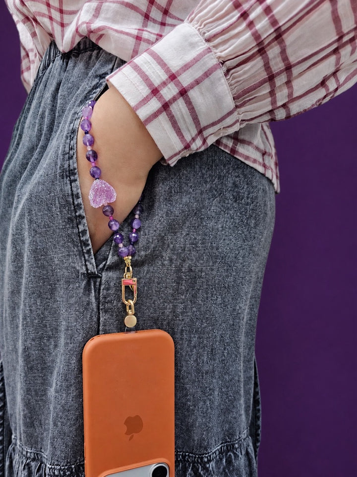 Amethyst Beaded Phone Strap with Sugar-Style Hearts PC136