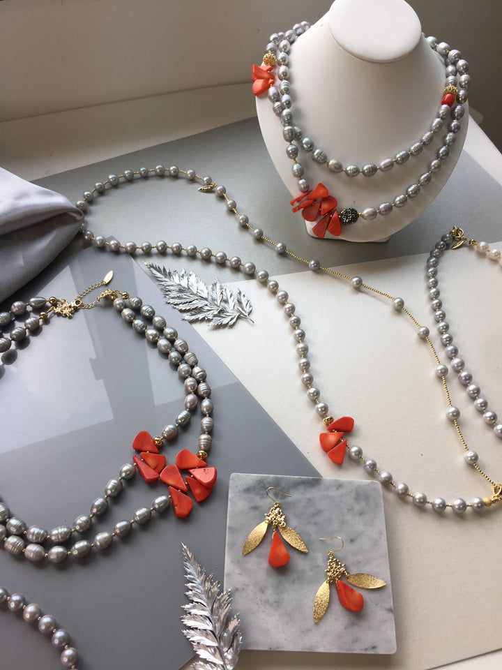 Gray Freshwater Pearls With Petal Red Coral Long Necklace MN063