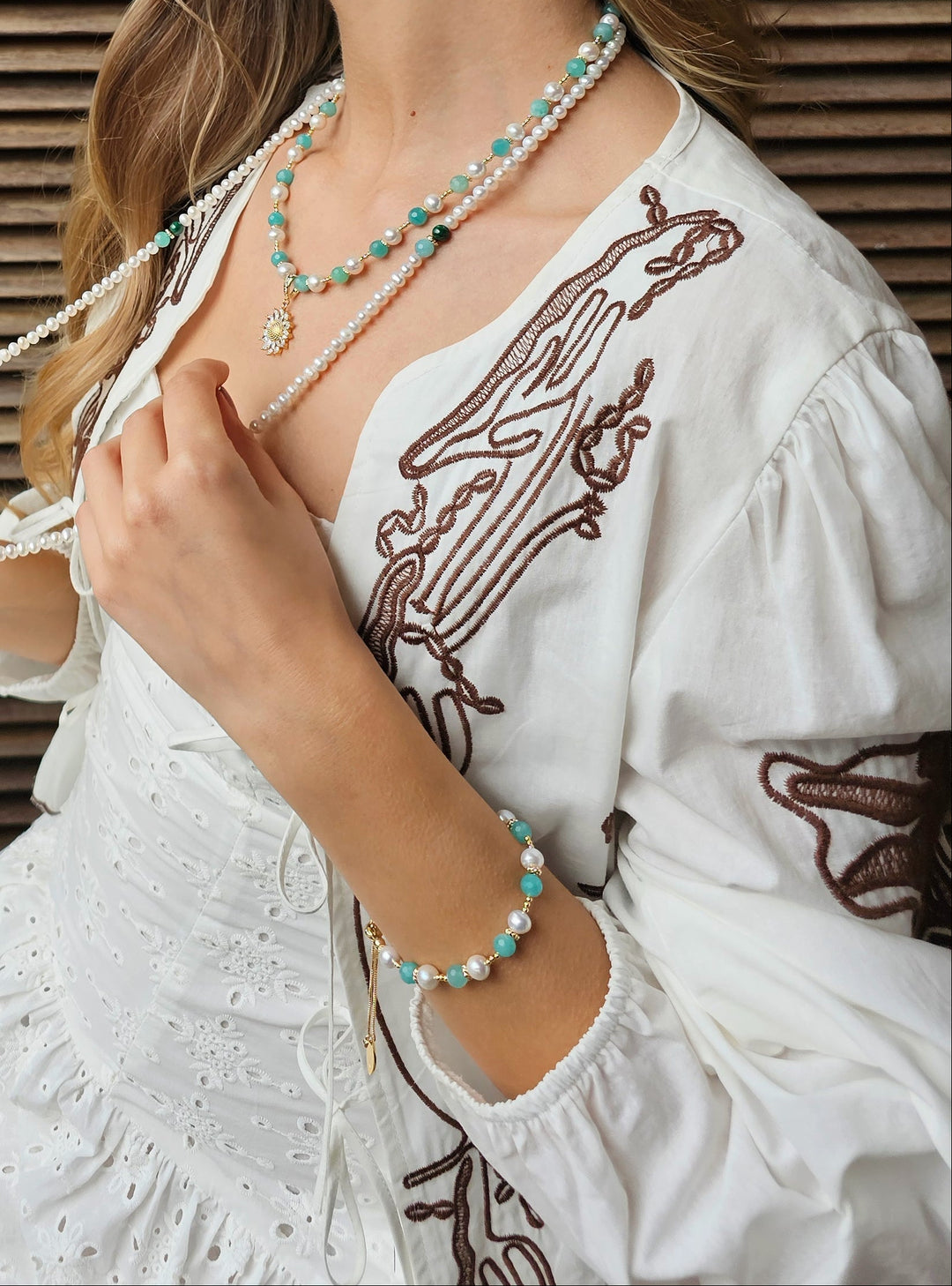 Amazonite With Freshwater Pearls Slider Bracelet RB003