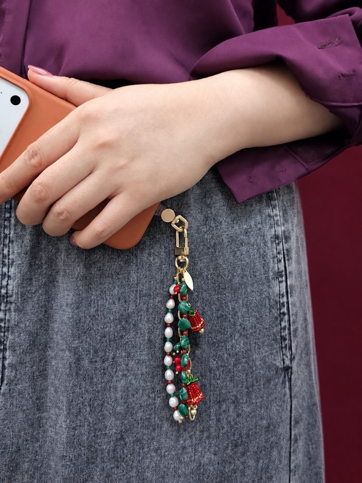 Christmas Bell Malachite And Bamboo Coral And Pearls Tassel Phone Strap / Bag Charm PC109