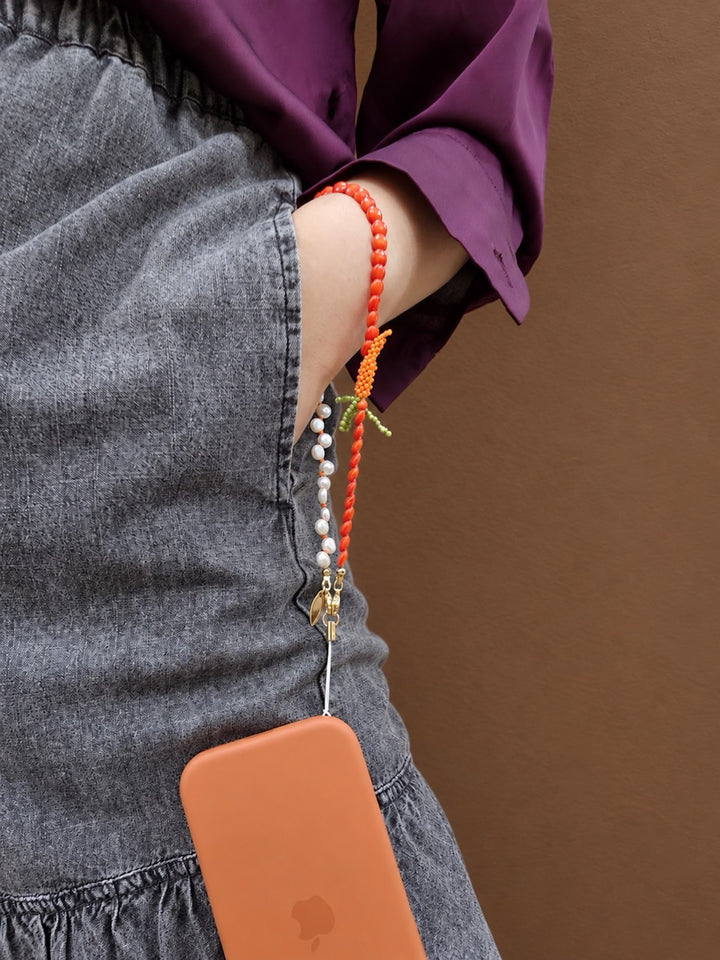 Bamboo Coral & Freshwater Pearl With Handcrafted Carrot Phone Strap PC141