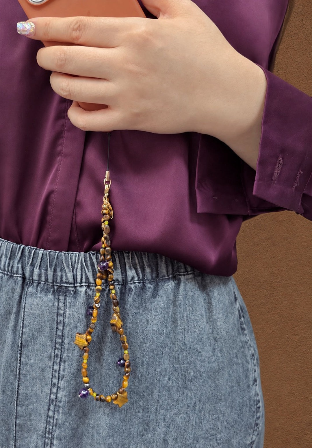 Tiger-Eye Stone Star & Purple Amethyst Phone Strap PC142