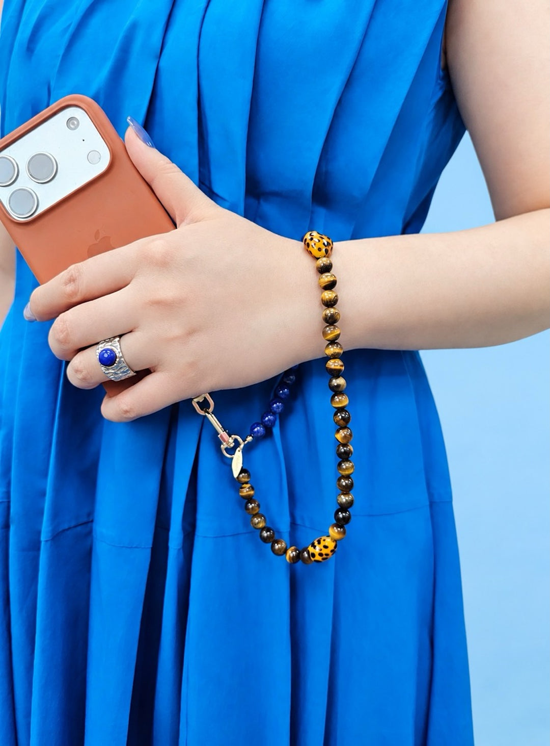 Lapis Lazuli Tiger Eye Stone And Leopard Print Heart Phone Strap PC144