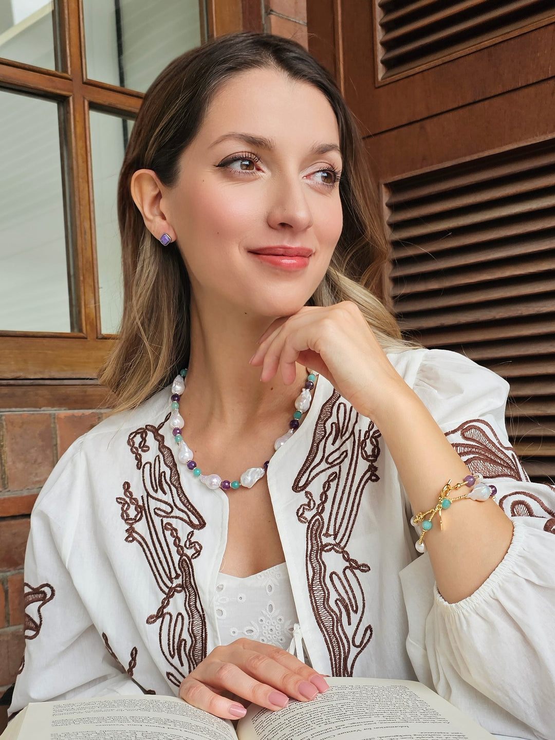 Elegant Baroque Pearls With Amethyst & Amazonite Necklace RN002