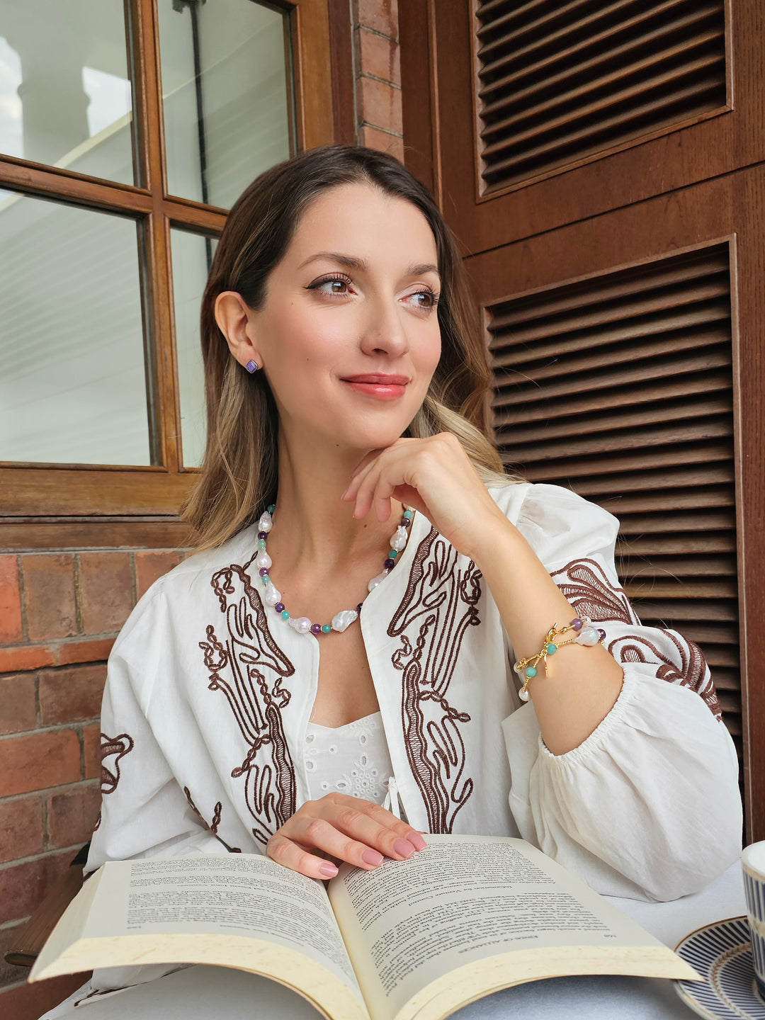 Baroque Pearls With Amazonite & Amethyst Double Layers Bracelet / Choker RB001