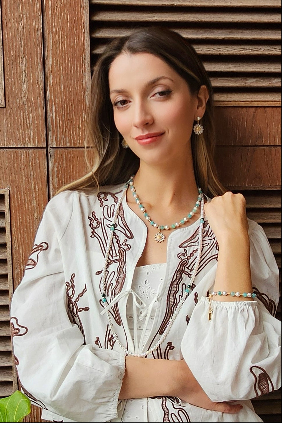 Versatile Freshwater Pearls With Green Gemstone Long Necklace RN005