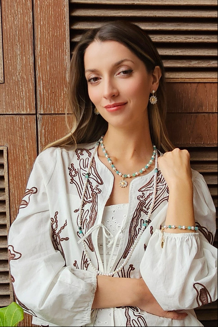 Versatile Freshwater Pearls With Green Gemstone Long Necklace RN005