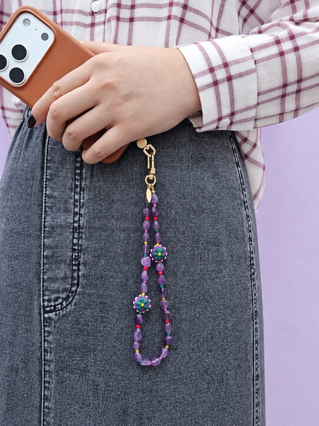 Natural Amethyst With Flower Charm Phone Strap PC130