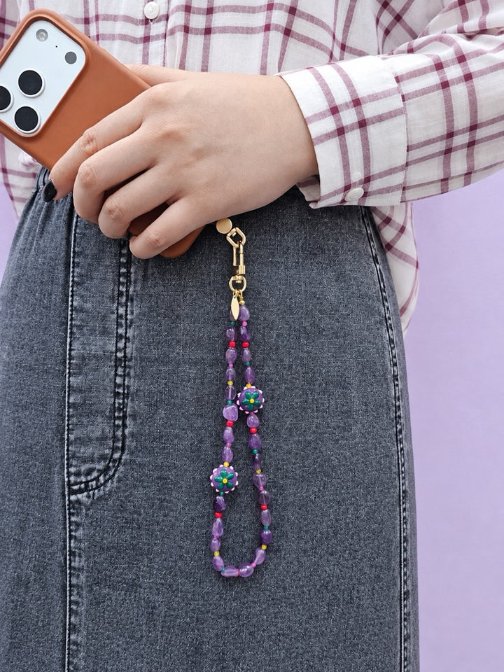 Natural Amethyst With Flower Charm Phone Strap PC130