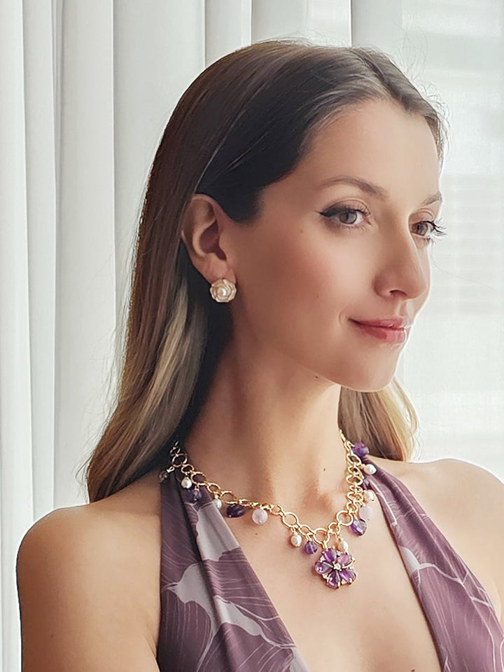 Enamel Flower Stud Earrings With Freshwater Pearl RE021