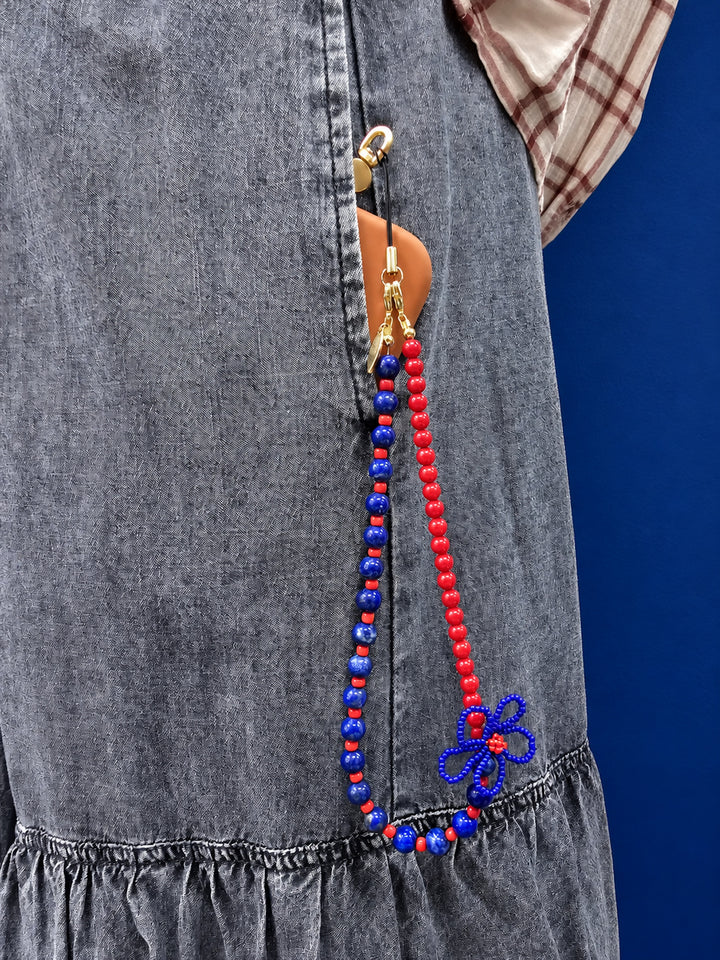 Blue Lapis Lazuli & Red Bamboo Coral With Crafted Flower Phone Strap PC139