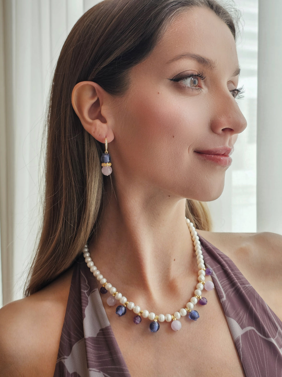 Amethyst With Blue Berry Dangle Earrings RE018