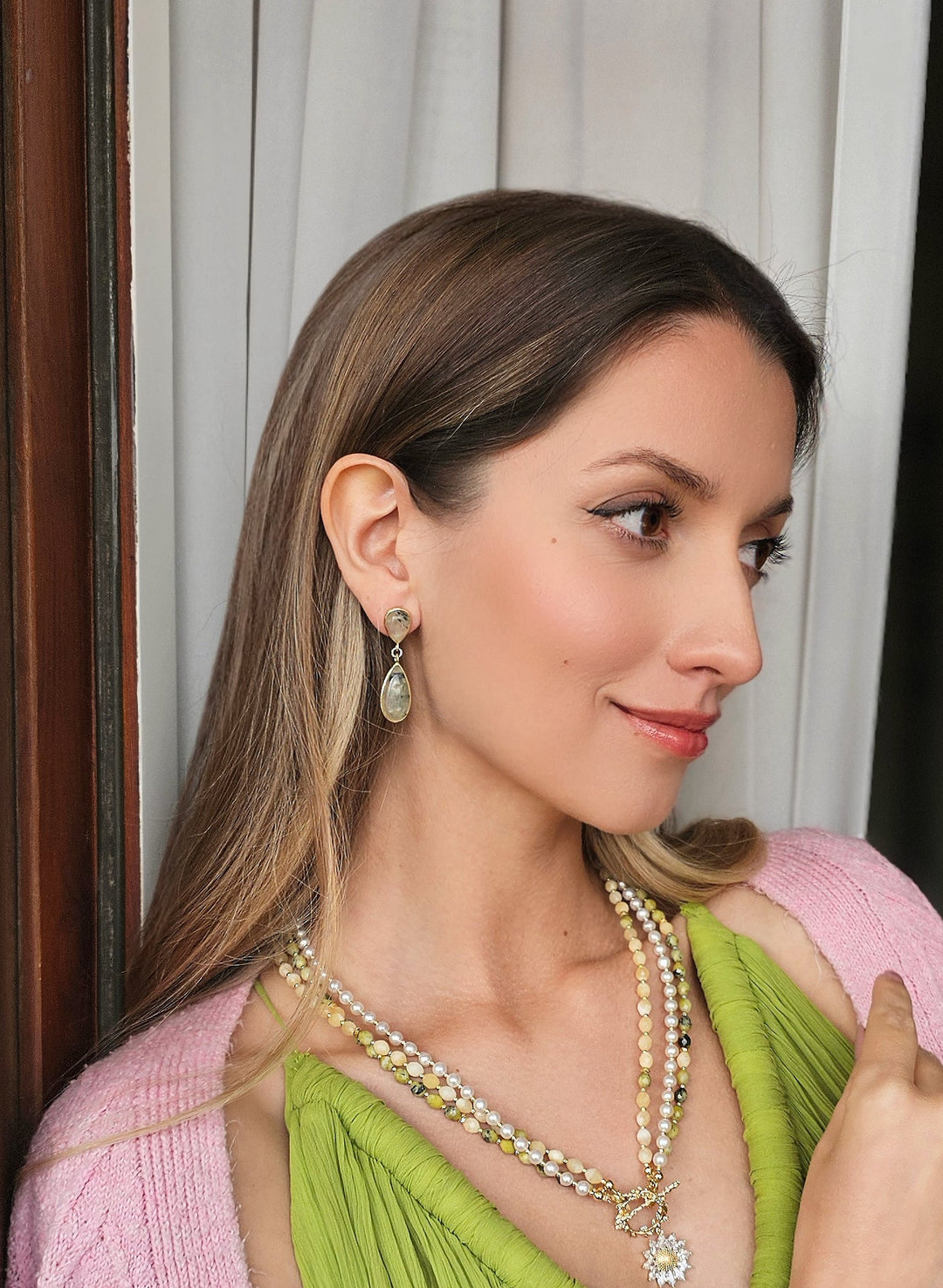 Teardrop Prehnite Drop Earrings RE011